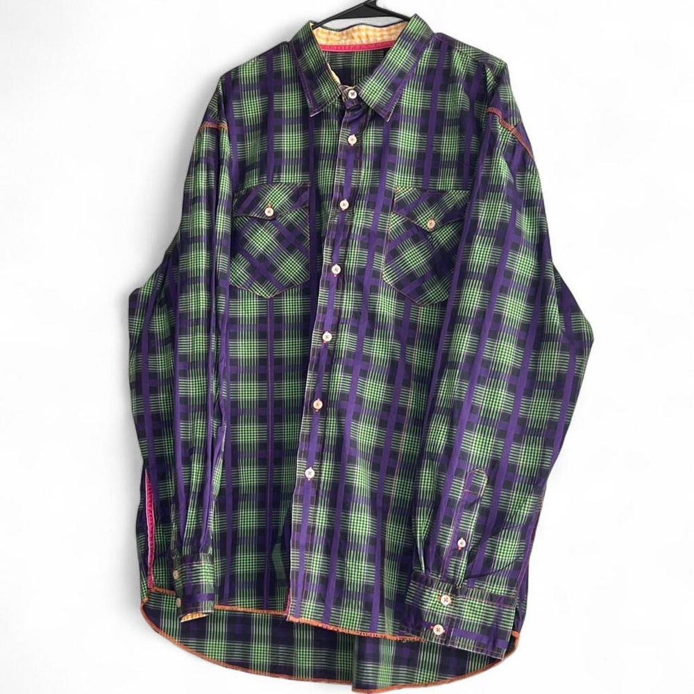 Arnold Zimberg Purple & Green Plaid Dress Shirt Men's XXL Cotton Designer